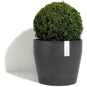 Fioriera Ecopots Sankara grigio scuro, Ø 40 cm, piantata con bosso.