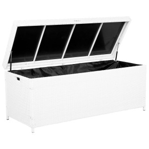Coffre de rangement ouvert en rotin blanc Modena avec doublure noire pour coussins de meubles de jardin.