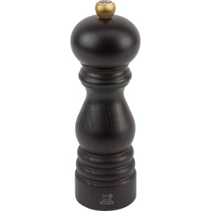 Dunkelbraune Paris Salzmühle aus Holz, 18 cm, mit goldenem Einstellknopf. Eleganter Küchenhelfer für Salz.