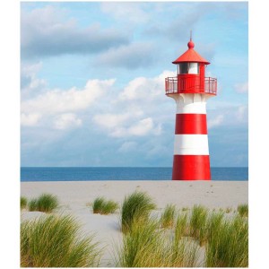 Pannello doccia Breuer con motivo faro, a strisce rosse e bianche, sulla spiaggia.