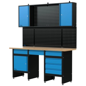 Ensemble d'établi, bleu/noir, avec plan de travail en hévéa, panneau perforé et armoire murale.