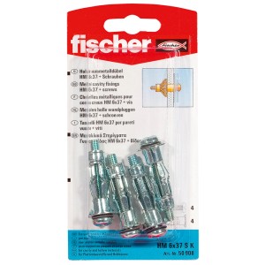 Fischer tasselli a espansione HM 6x37 con viti, 4 pz, per fissaggi sicuri in materiali cavi.