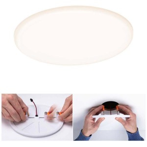 Panneau LED encastrable Paulmann Veluna, blanc chaud, Ø 18,5 cm, montage et vue détaillée.
