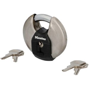 Master Lock Diskus-Vorhängeschloss M50EURD aus Edelstahl, 80mm breit, mit zwei Schlüsseln.