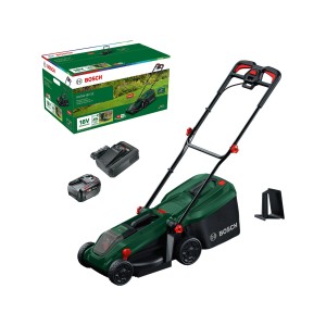 Tondeuse à batterie Bosch Rotak 18V-32 avec batterie, chargeur et emballage. Idéale pour les petits jardins.
