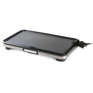 Griglia da tavolo Domo DO9263G, grill elettrico con corpo in acciaio inox e ampia superficie di cottura nera.