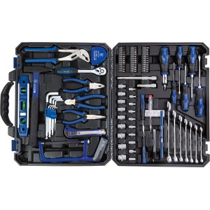 Mallette à outils LUX ouverte, 108 pièces, avec des outils comme un marteau, des pinces, des tournevis et plus encore.