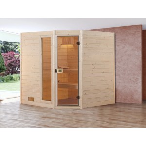 Weka sauna en bois massif, set d'économie 539 avec porte en verre et poêle, entrée d'angle.