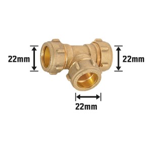 Raccordo a T a compressione in ottone, diametro 22 mm per idraulica e riscaldamento.