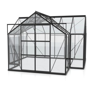Serra Vitavia Sirius nera, 13 m², vetro ESG e fondamenta per il giardino.