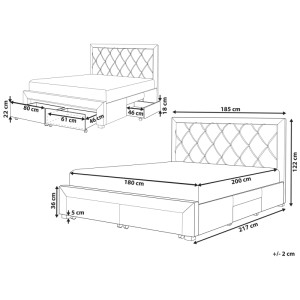 Technische Zeichnung: Beliani Bett Lievin mit Schubladen, beige, 180x200 cm, Maße und Details.