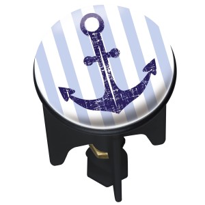 Tappo lavandino con motivo ancora su sfondo a righe blu e bianche.