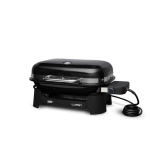 Grill elettrico Weber Lumin Compact nero con coperchio e controllo temperatura.