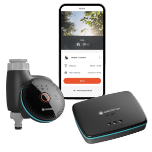 Gardena Smart Water Control Set con gateway e app per smartphone per il controllo dell'irrigazione.