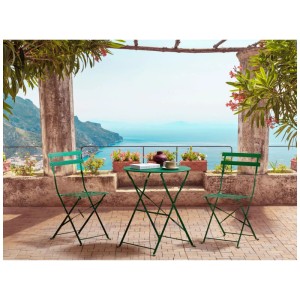 Set bistro Beliani Fiori in metallo verde scuro, 3 pezzi, composto da tavolo e due sedie.