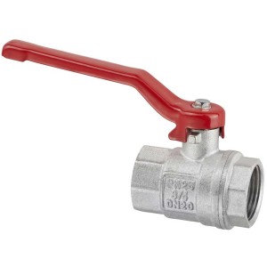 Valvola a sfera in ottone cromato, 3/4 di pollice, con maniglia in plastica rossa per raccordi.