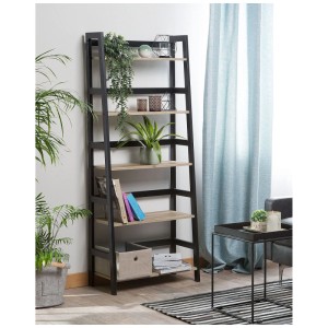 Étagère Beliani Croydon noire avec 5 niveaux aspect bois, style industriel, pour livres et déco.