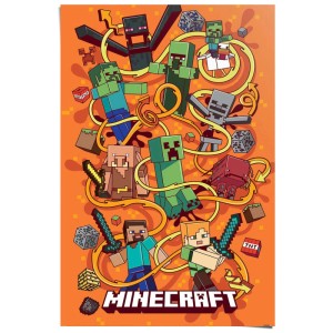 Minecraft Maxiposter (61x91,5 cm) mit Creeper, Zombies und anderen Spielefiguren auf orangefarbenem Hintergrund.