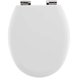 Sedile WC Baliv Kahana bianco con chiusura rallentata e cerniere cromate, vista dall'alto.