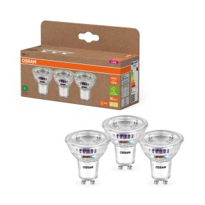 Lampadina LED Osram GU10, 2.5W, confezione da 3. Luce bianca calda per ambienti domestici.