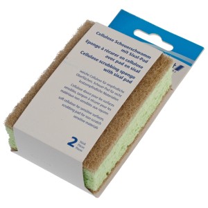 Confezione da 2 spugne abrasive in cellulosa verde con tampone in sisal per cucina e casa.