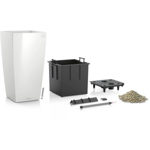 Lechuza Cubico Premium 40, pot de fleurs blanc brillant avec accessoires.