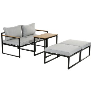 Greemotion Lounge-Set Retiro, 5-teilig, Aluminium schwarz/hellgrau mit 2 Sesseln, 2 Hockern und Tisch.