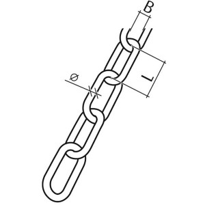 Disegno di una catena per saldatura in acciaio V4A, forma C, con dettagli dimensionali di diametro e lunghezza.