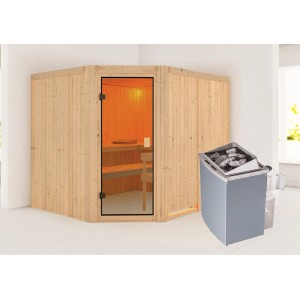 Sauna Karibu Horna con stufa e porta in vetro, sauna in legno massello per interni.