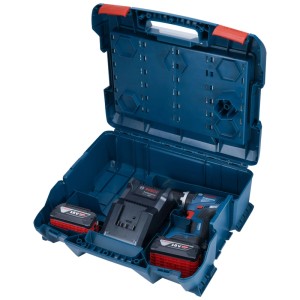 Set avvitatore a percussione Bosch Professional GSB 18V-65 in valigetta blu con batterie e caricabatterie.