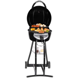 Barbecue elettrico nero BBQ Star 2in1 con cibo e ripiano. Barbecue elettrici per giardino e balcone.