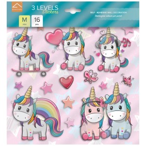 Crearreda 3D-Wandsticker Einhorn, rosa-bunt, 16 Stück, für Kinderzimmer.