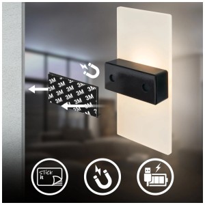 Applique murale sans fil noire Briloner Aura avec fixation magnétique et adhésive.