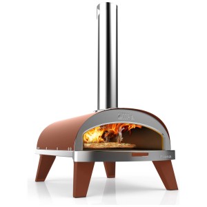 Four à pizza Ziipa Piana en terre cuite et acier inoxydable avec pizza à l'intérieur.