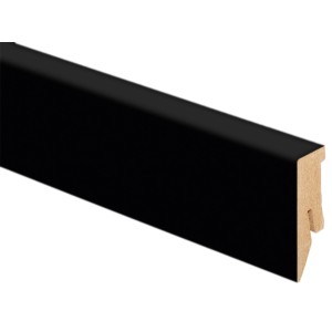 Plinthe noire, 50x18x2600 mm, finition MDF pour stratifié et parquet.