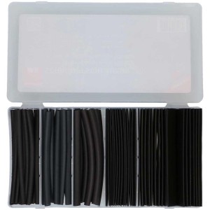 Boîte de gaines thermorétractables noires assorties en différentes tailles, longueur 100mm, pour isolation de câbles.