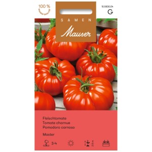 Sachet de graines de tomate charnue Master F1 : Tomates rouges et juteuses sur l'emballage.