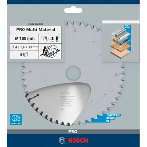 Lama per sega circolare Bosch Pro Multi Material, diametro 190 mm, per tagli puliti in vari materiali.