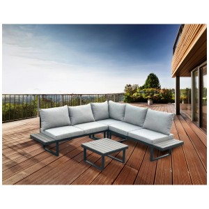 Set lounge Pisa Greemotion grigio-nero, 4 pezzi, con tavolo e cuscini grigio chiaro su una terrazza.