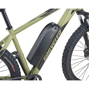 Prophete E-Mountainbike Graveler, 27,5 Zoll, olivgrün, mit Blaupunkt Akku am Unterrohr.