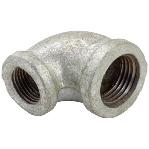 Raccordo a 90° in ghisa malleabile, 18,6 mm x 14,9 mm, zincato, con filettatura interna per raccordi tubi.