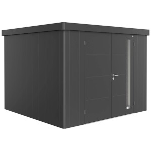 Doppia porta Biohort Neo, grigio quarzo metallizzato, per casette da giardino, facile accesso.