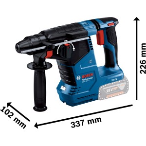 Perforateur-burineur sans-fil Bosch Professional GBH 18V-24 C (machine nue) avec butée de profondeur et dimensions.