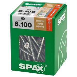 Viti di regolazione Spax 6x100 mm, 60 pezzi in scatola verde. Viti per truciolare per sottostrutture in legno.