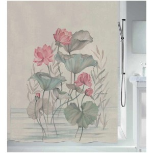 Tenda doccia Spirella Jaya color crema con fiori di loto rosa, 180x200 cm.