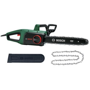 Tronçonneuse électrique Bosch UniversalChain 35 avec protège-chaîne et chaîne de rechange.