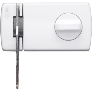 Serrure de sécurité de porte Abus 2130 blanche avec bouton et barre de sécurité.