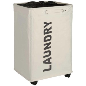 Cesto portabiancheria beige Wenko Quadro con ruote, capacità 79 l e stampa "Laundry".