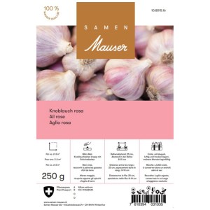Sementi Mauser Aglio Rosa Primaverile, confezione da 250g. Spicchi d'aglio rosa sulla confezione.