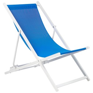 Lettino prendisole Beliani Locri II, struttura in alluminio bianco, rivestimento in tessuto blu.